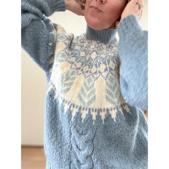 Vtg Wool Women's M Hand Knit Ski Sweater Blue Fair Isle MNZ Cottagecore Prairie - Picture 7 of 10